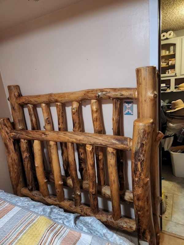 One of a kind Aspen log bed frame. Queen.