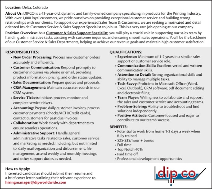 Customer & Sales Support Specialist Job Opening