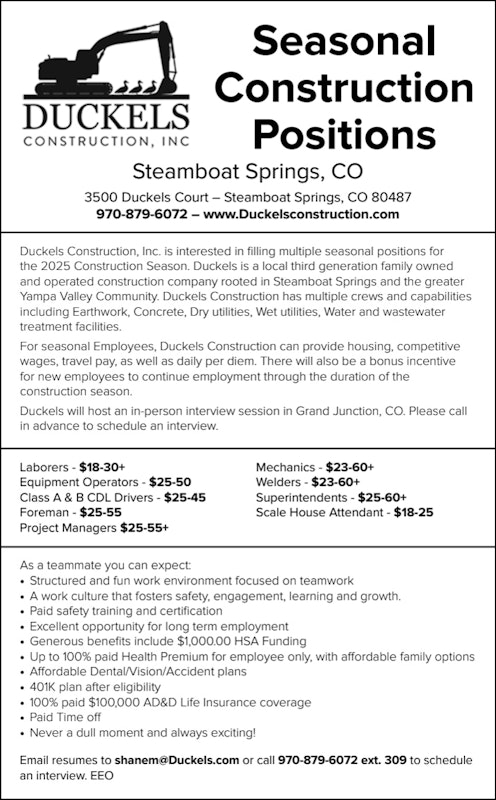 Seasonal Construction Positions at Duckels Construction