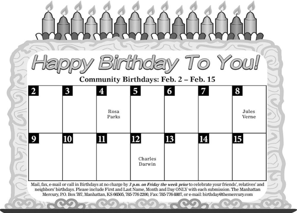 Birthday listings for February 2 to February 15