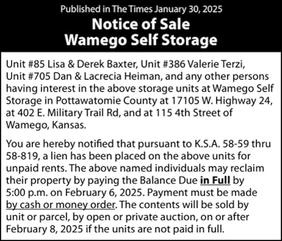 Notice of Sale – Wamego Self Storage