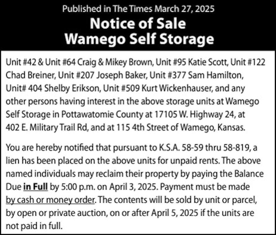 Wamego Self Storage Notice of Sale